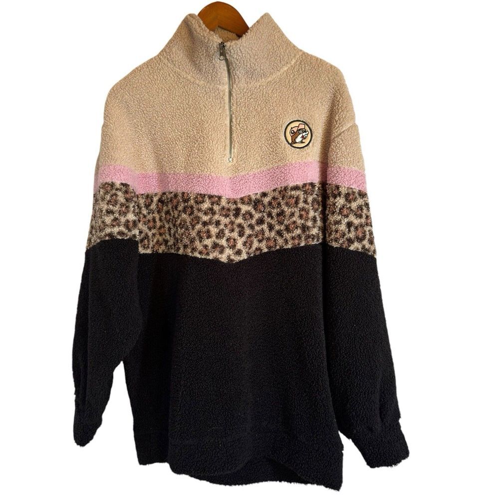 Buc-ees Women's Sherpa Pullover Fuzzy Deep Pile Large Color Block‎ Animal Print